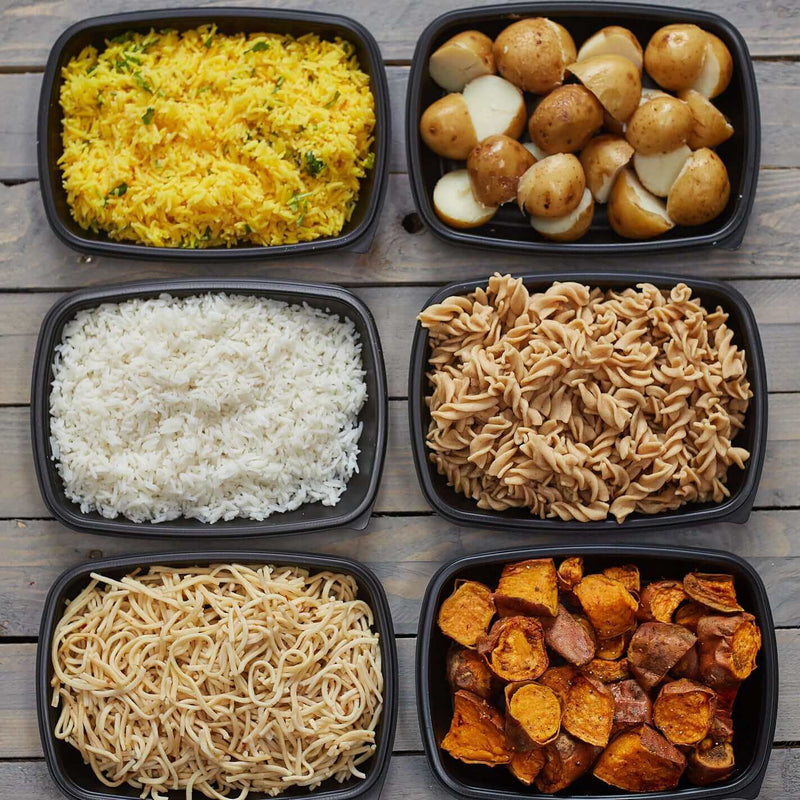 Assorted healthy Fresh carb options including rice, sweet potato, noodles, and whole wheat pasta available in Macro Based Diner's Healthy Meal Prep range