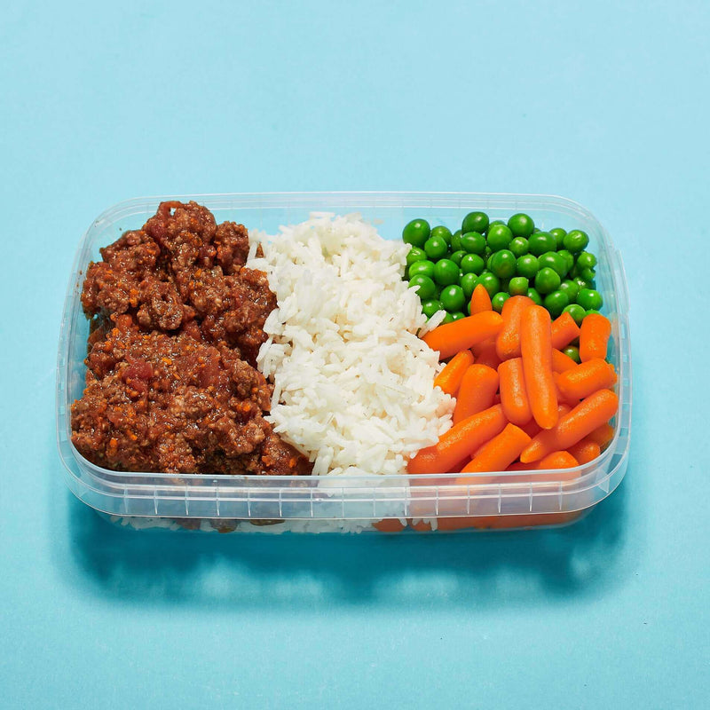 Fresh Beef Bolognese with Rice and Vegetables, served by Macro Based Diner Healthy Meal Prep