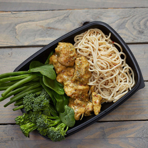 Fresh Salt and Pepper Chicken with Noodles, served by Macro Based Diner Healthy Meal Prep for a tasty, spiced meal