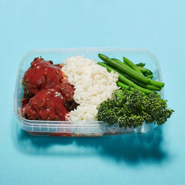 Steak Italian Meatballs With White Rice, served by Macro Based Diner Healthy Meal Prep for a balanced meal