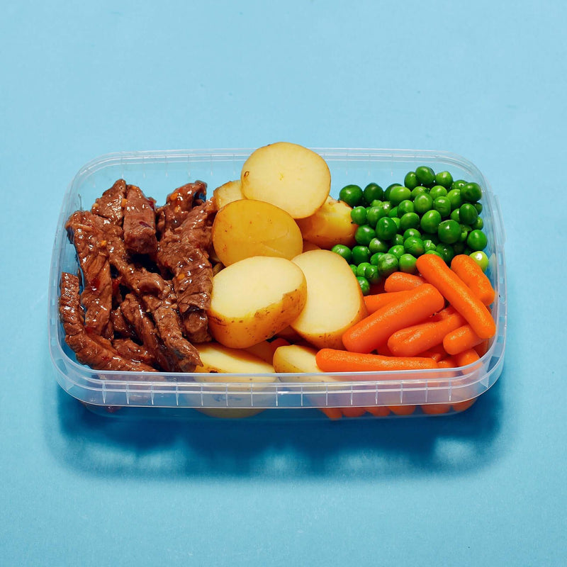 Tasty Sweet Chilli Steak with with White Potato, Peas & Carrots, served by Macro Based Diner Healthy Meal Prep for a flavourful, balanced meal